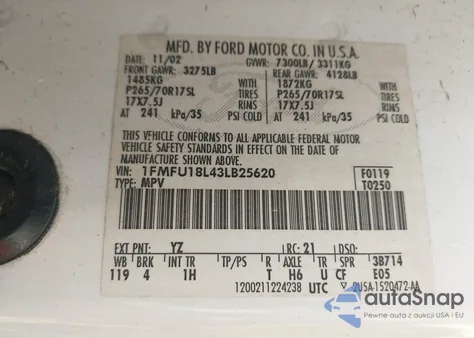 2003 Ford Expedition Eddie Bauer z USA, uszkodzony, nr VIN 1FMFU18L43LB25620